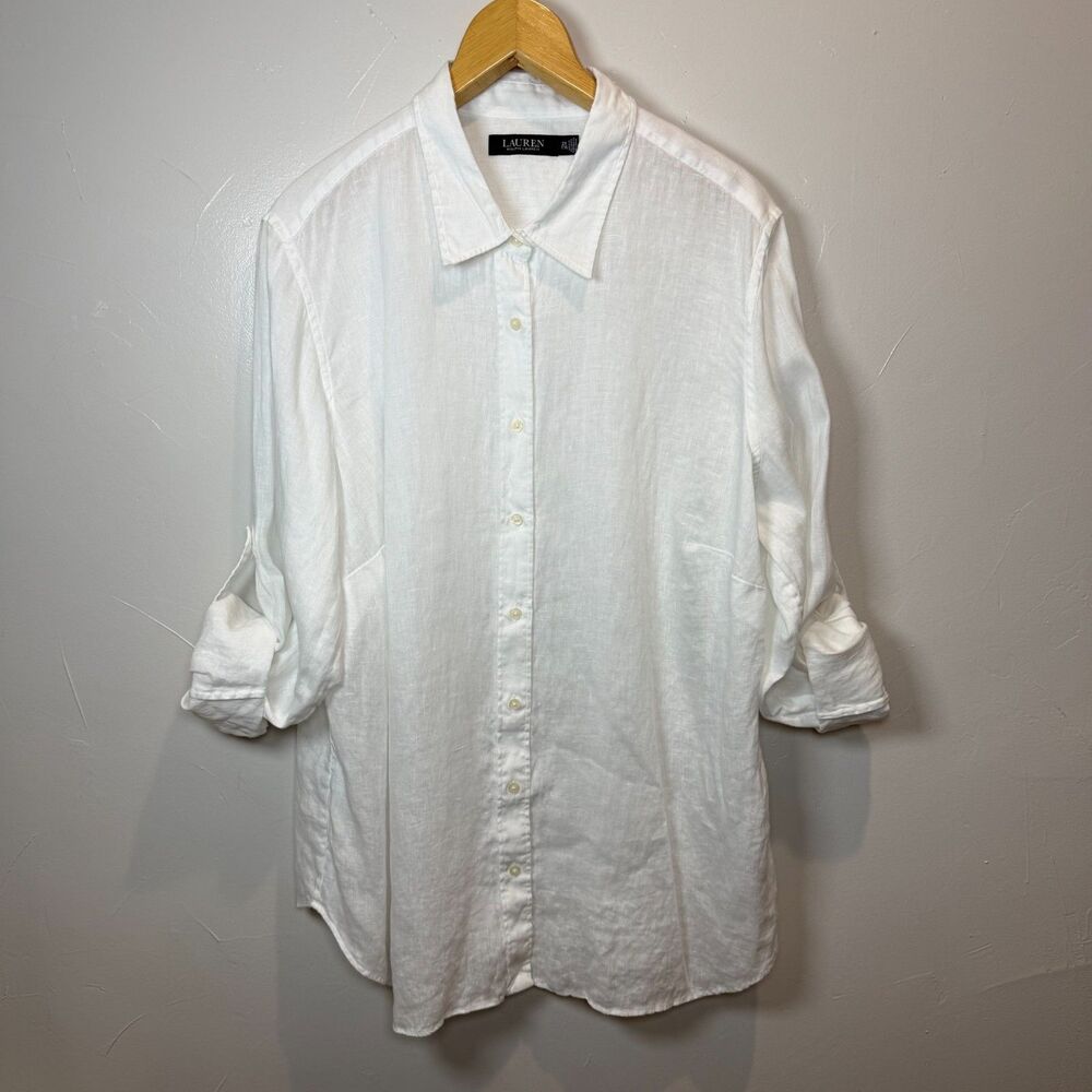 Lauren Ralph Lauren White Shirt Long Sleeve Button Linen Size 2X Casual Work - Picture 5 of 11